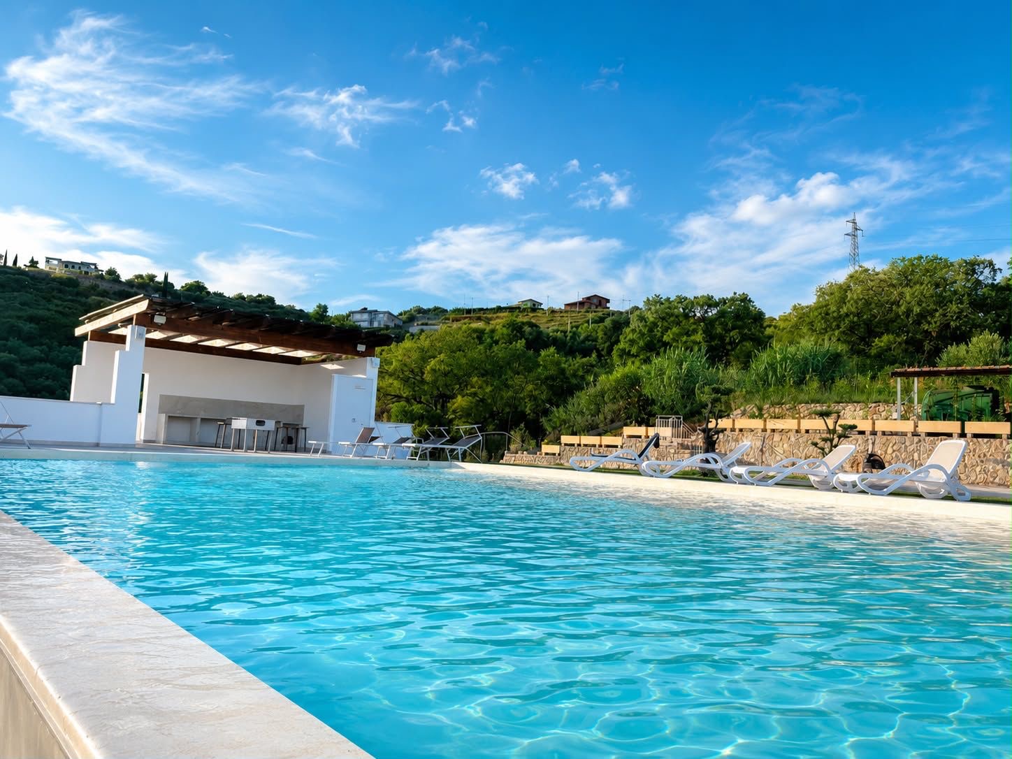 Piscina con pergola e area barbecue di giorno