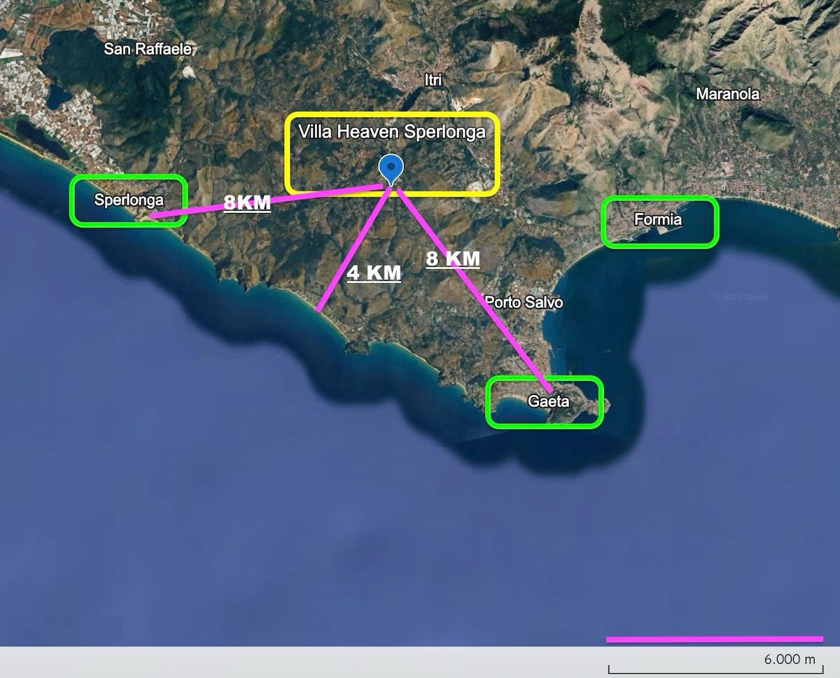 Mappa con le distanze di Villa Heaven da Sperlonga, Gaeta, Formia e Porto Salvo