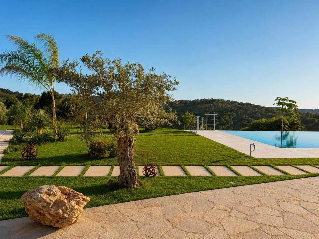 Giardino con ulivo e piscina a sfioro